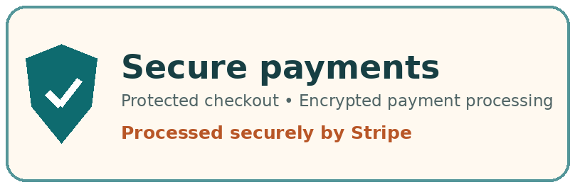 Guaranteed safe and secure checkout — Visa, Mastercard, American Express, JCB, Discover, Diners Club and UnionPay, powered by Stripe
